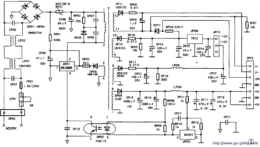 05l0380r,从而使该开关电源电路具有外围简洁,输入电压适应范围宽