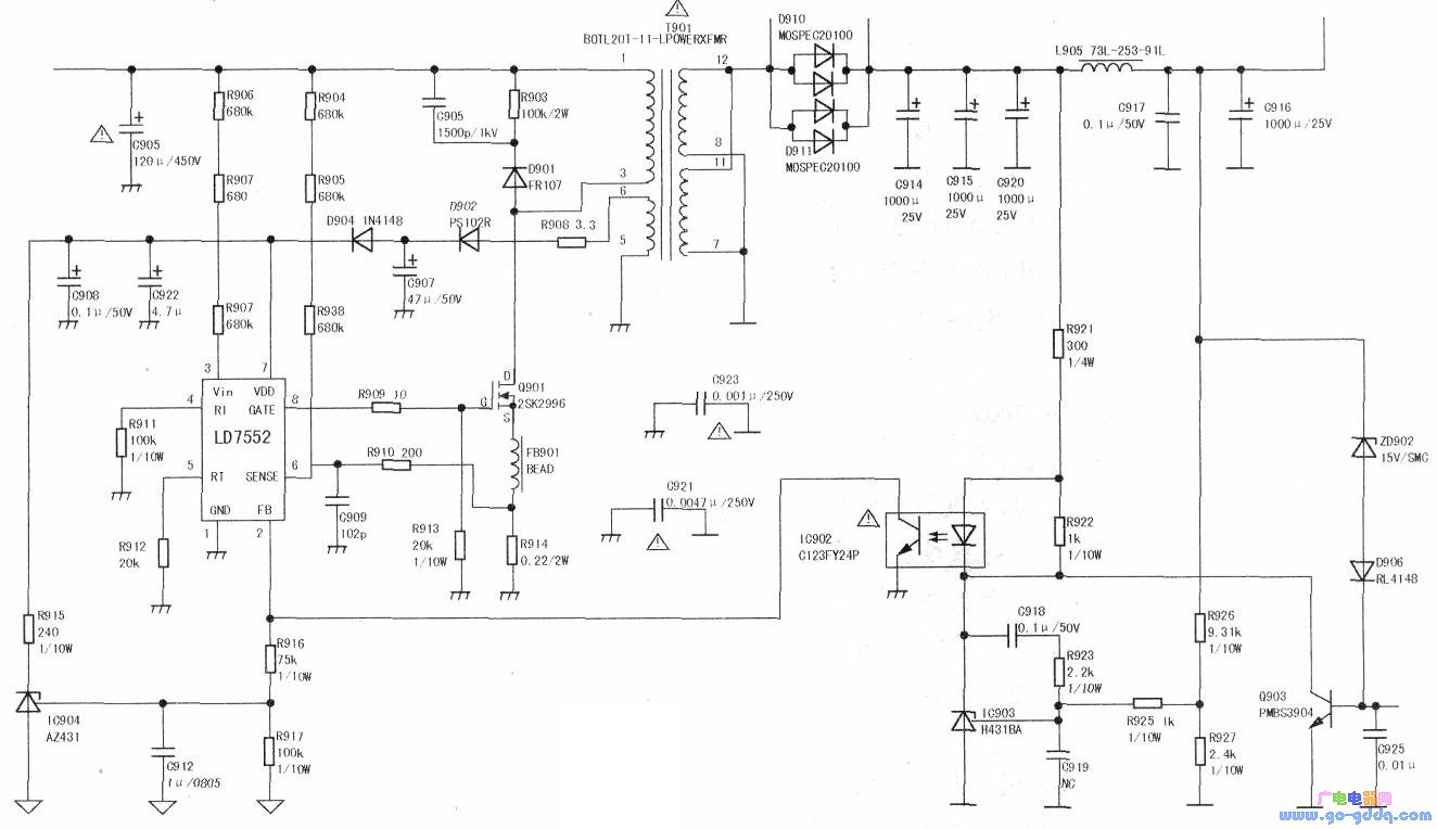 一路开关变压器至开关管源极,一路启动电阻至ld7552bps③脚