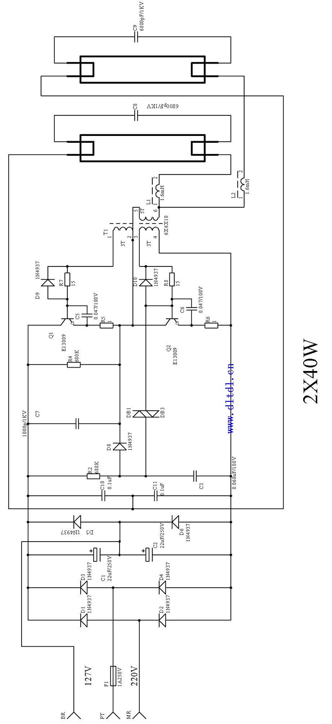 2×40w日光灯电子镇流器电路原理图