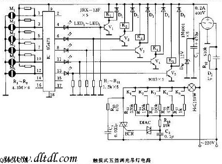 触摸式五挡调光吊灯电路图