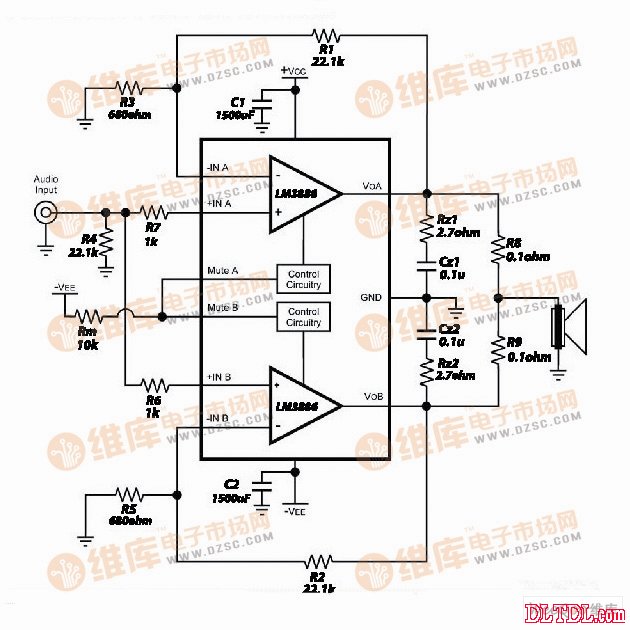 两块lm4780并联输出功放电路图