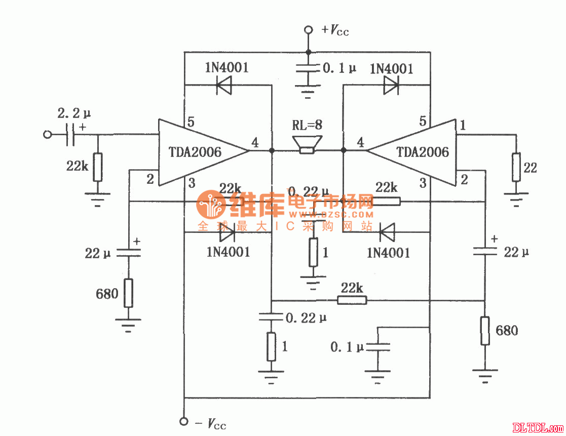 10w音频功率放大器tda2006的btl应用电路图