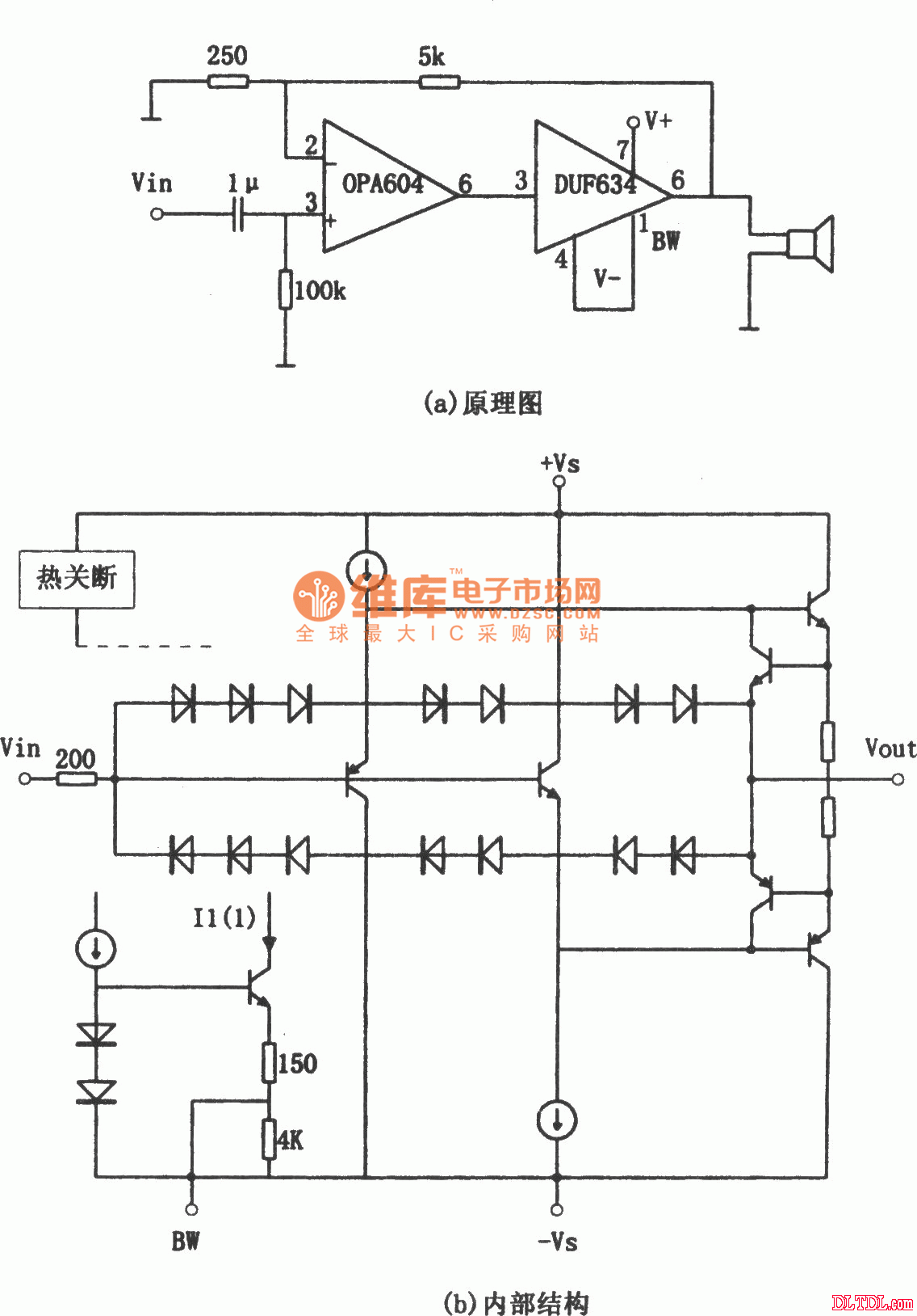 该电路前级采用场效应管高保真运放opa604,后级采用高速缓冲器buf634