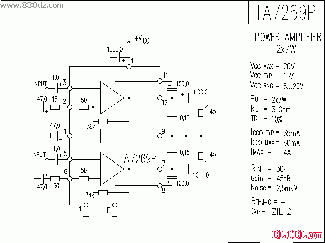 ta7269p功率放大器应用线路图 最高工作电源电压25v 输出功率2×7w