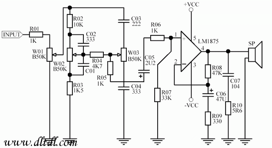 lm1875功放板由一个高低音分别控制的衰减式音调控制电路和lm1875放大