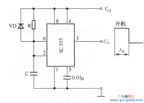 用ne555构成的开机延时输出低电平电路