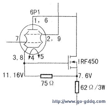末级输出为束射四极管6v6(6p6p)与irf450复合,右图的电路用6p1代替了