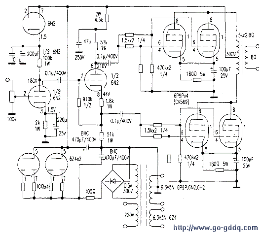 用高s管6p9p并联推挽放大的胆功放电路