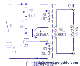 电路原理摘要:电路原理    晶体管v,变压器t的n1,n2绕组和电容器c构成