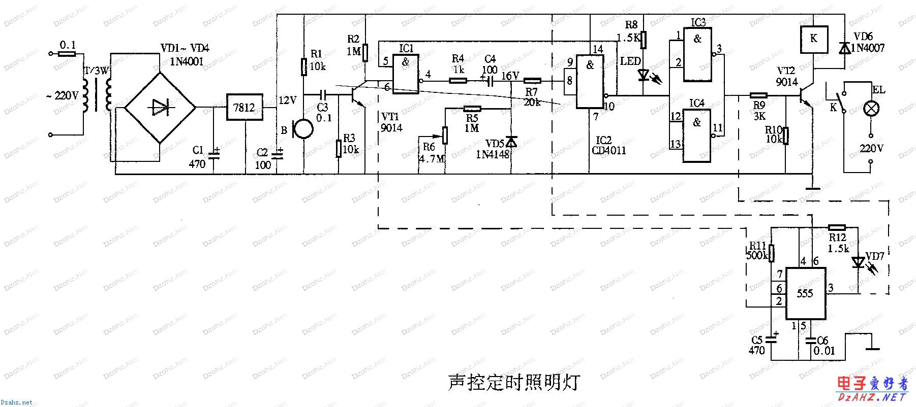 声控定时照明灯电路图