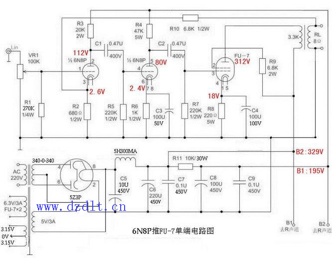 6n8p推fu-7单端胆机电路