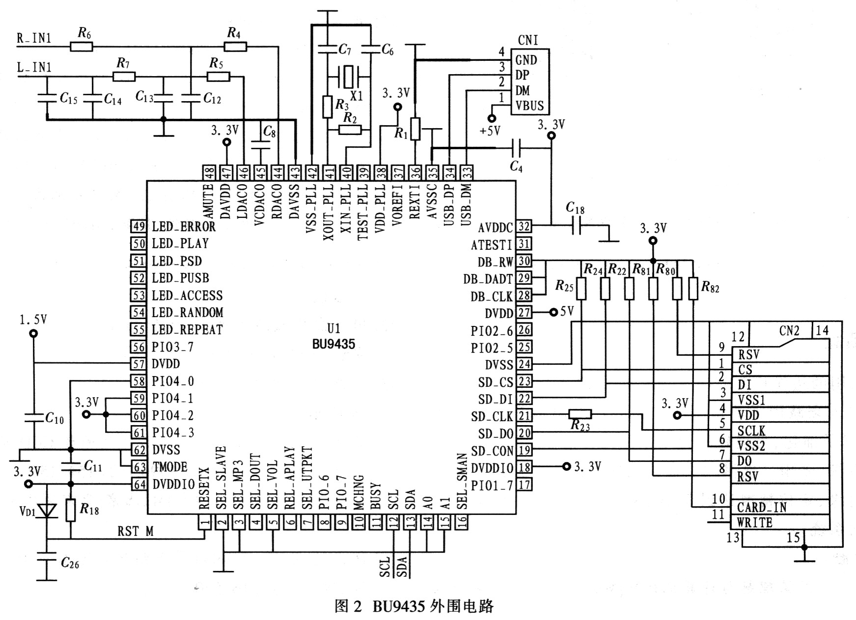 3 bu9435外围电路设计     由bu9435构成的mp3解码电路原理图如图2