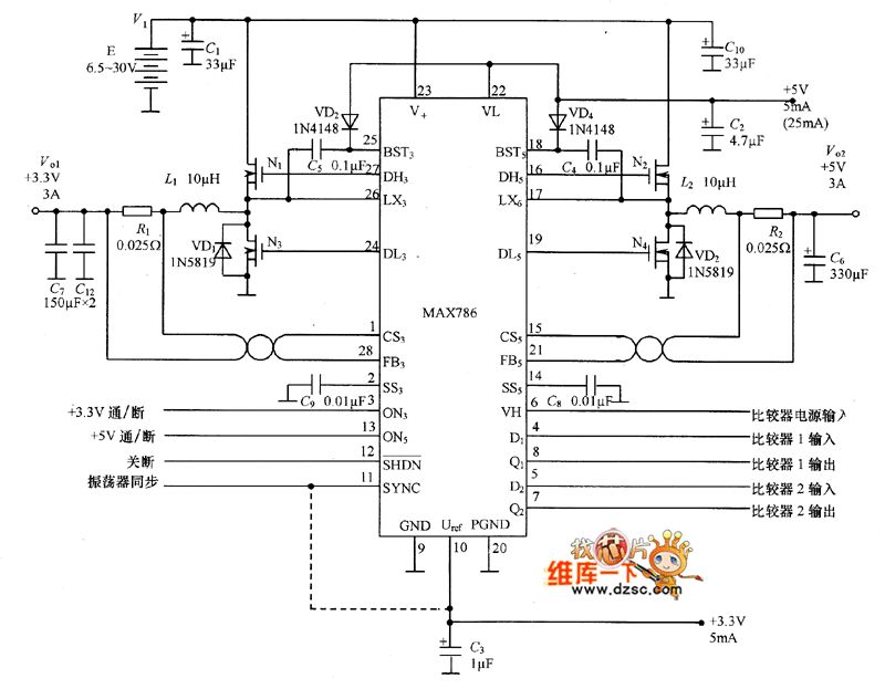 笔记本电脑中的开关稳压电源     max786的内部框图和外部接线分别