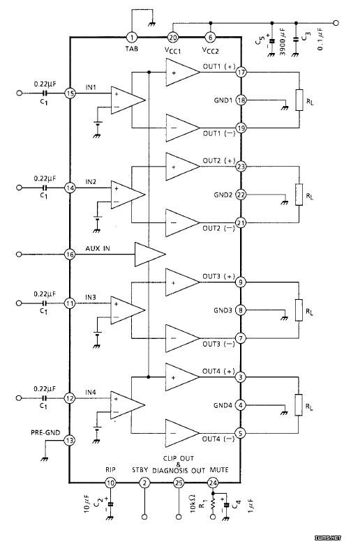 【用 途】     四声道音频功放电路 【性能 参数】     采用单列25脚