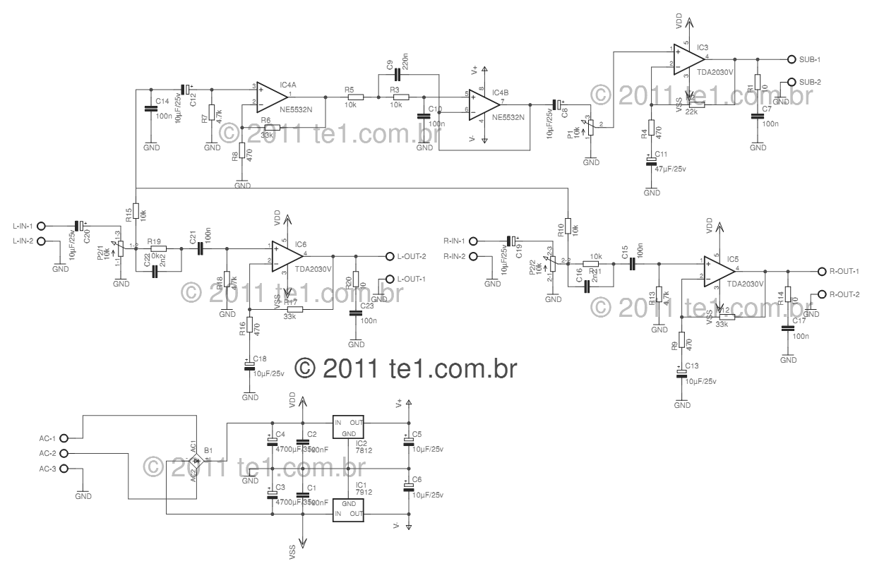 TDA 2030的2.1声道功放电路的制作