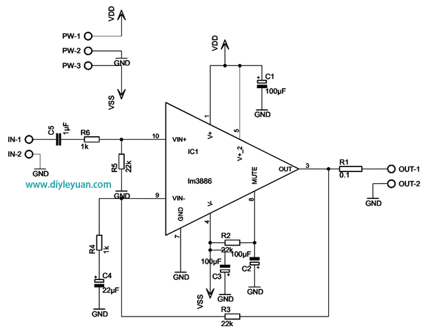 用lm3886製作70w低功耗功放電路原理圖