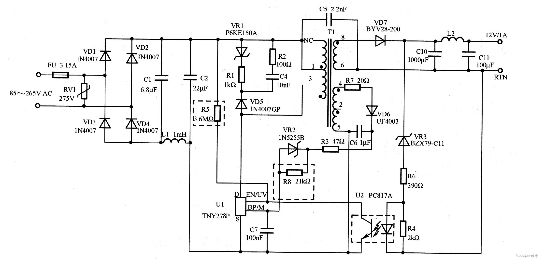 12v1a输出开关电源电路