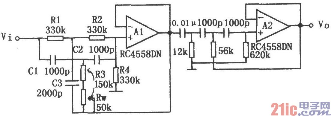 具有锐截止特性的有源高通滤波器rc4558dn电路图