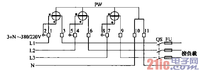 三相四线有功电能表直入式接线图
