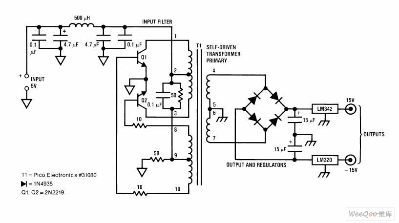 分立器件组成的5v转正负15v电源电路图
