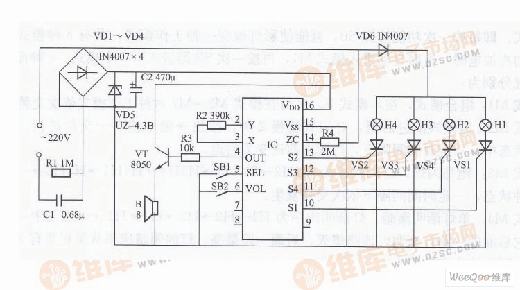 利用sc3160構成的四路雙音多功能彩燈控制器電路圖