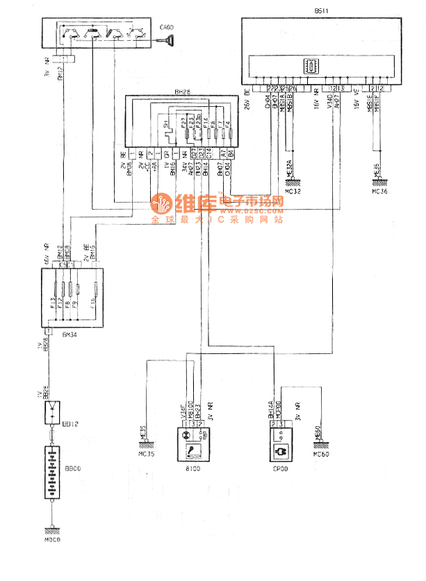 神龙20l轿车点烟器附件插头电路图