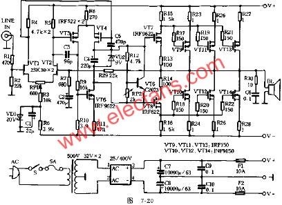 > 本电路的中点电位器通过rp1调整0v正负50mv;调rp2使功放管的静态