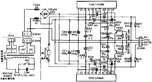 具有保護功能的低音炮功率放大器電路圖