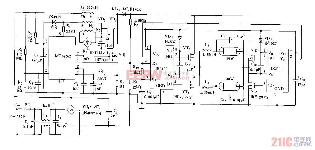 全桥160w荧光灯电子镇流器电路图