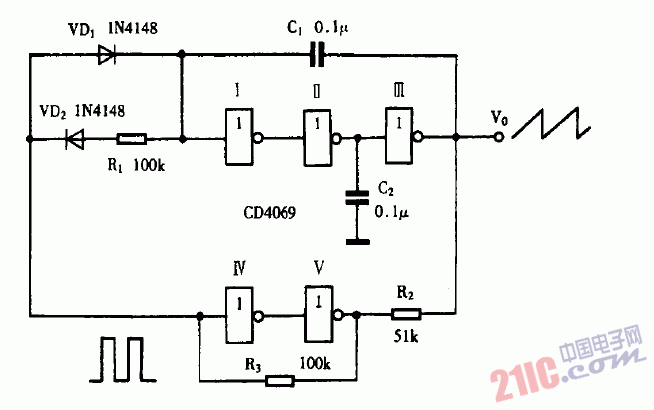 巧用cd4069作锯齿波发生器电路图