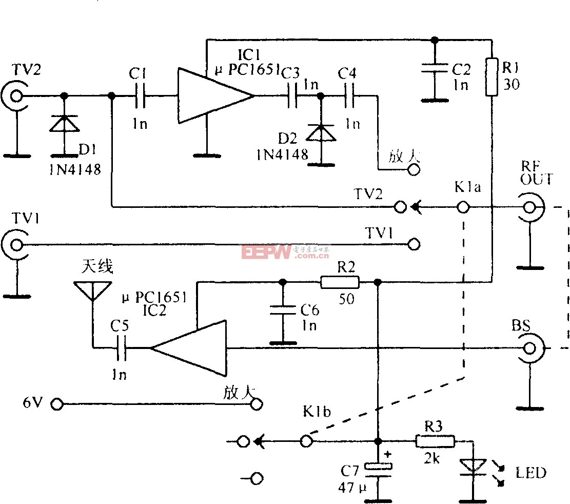 兩路電視信號切換放大器電路圖