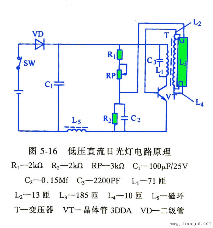 低压直流日光灯的电路原理如图5—16所示:电源变换器由变压器和电子