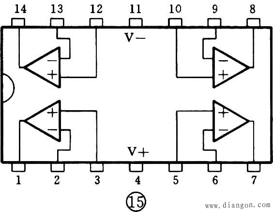 [15]四运放集成电路引脚排列如图15所示,内含四个参数一致,互相独立的