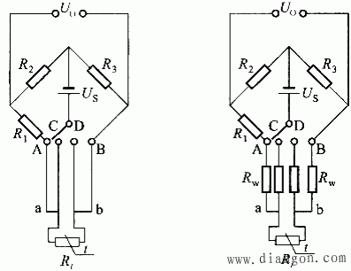 (a)示意图               (b)等效原理图图5 四线制热电阻测量电桥
