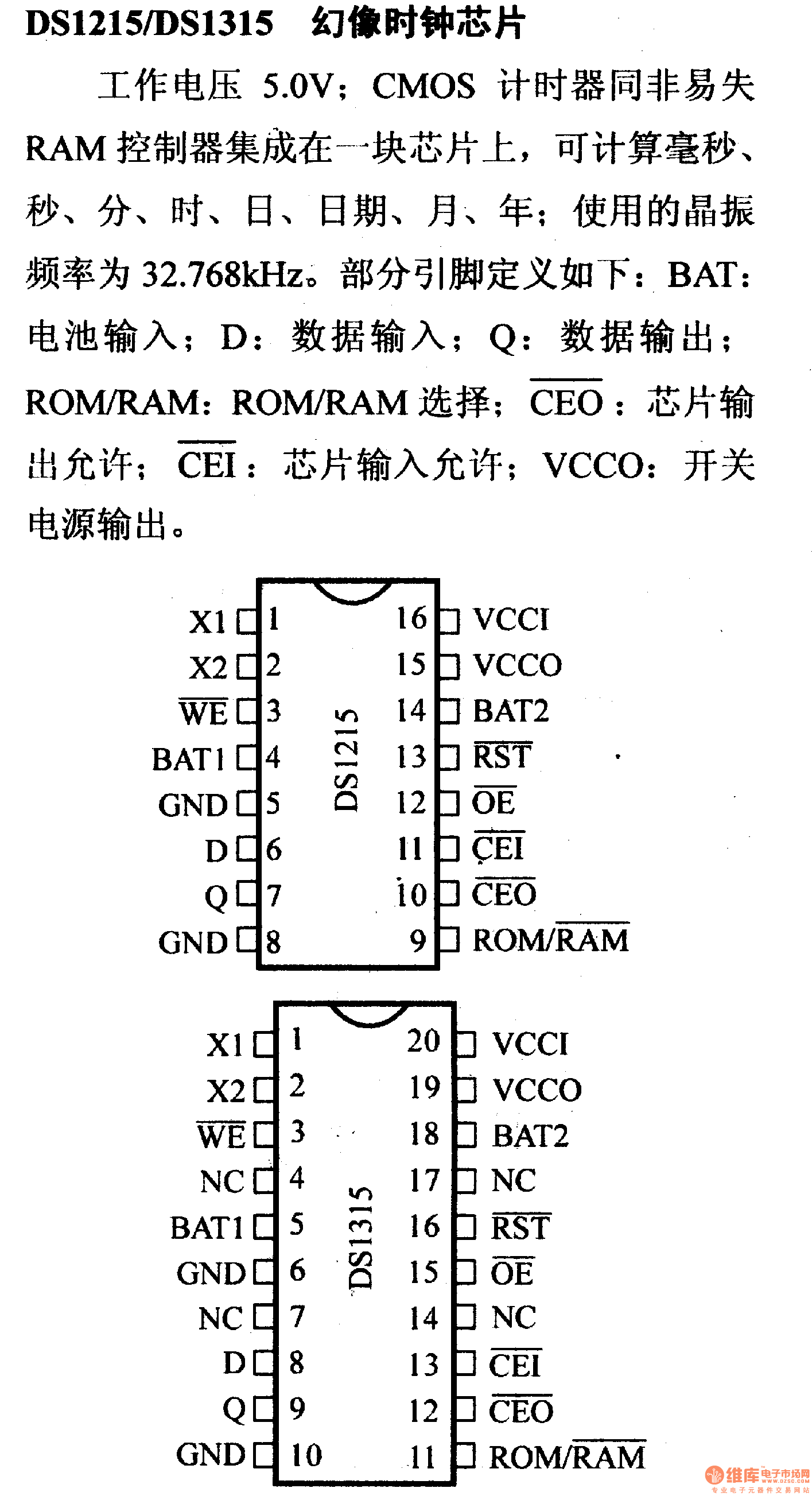 電路引腳及主要特性ds1215ds1315幻想時鐘芯片