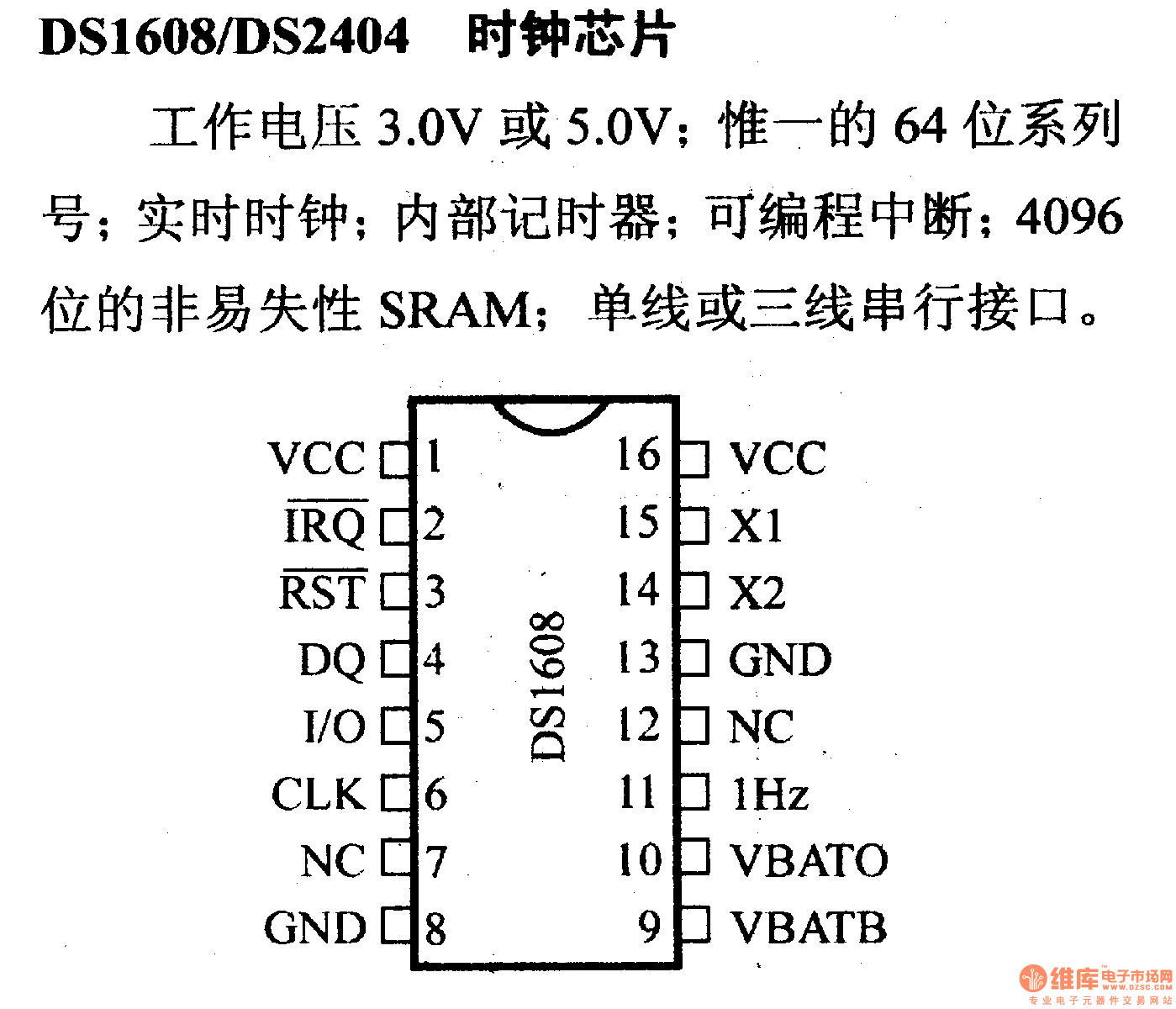 電路引腳及主要特性ds1608/ds2404 時鐘芯片