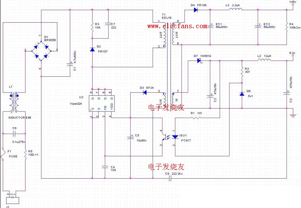 6j1*2的迷你功放开关电源电路图