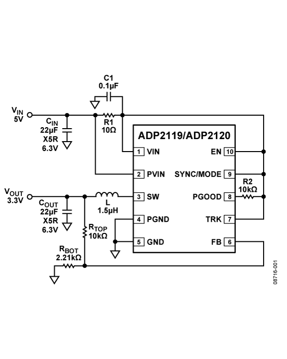 ADP2119/ADP2120应用电路 (5V输入3.3V输