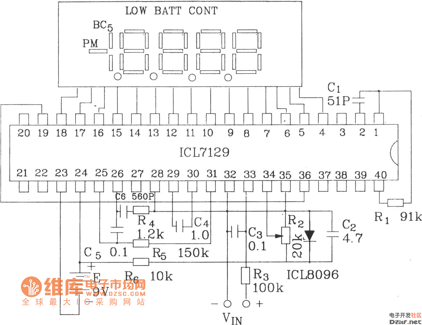 由41/2位積分式aa/d轉換器icl7129構成的數字電壓表電路圖