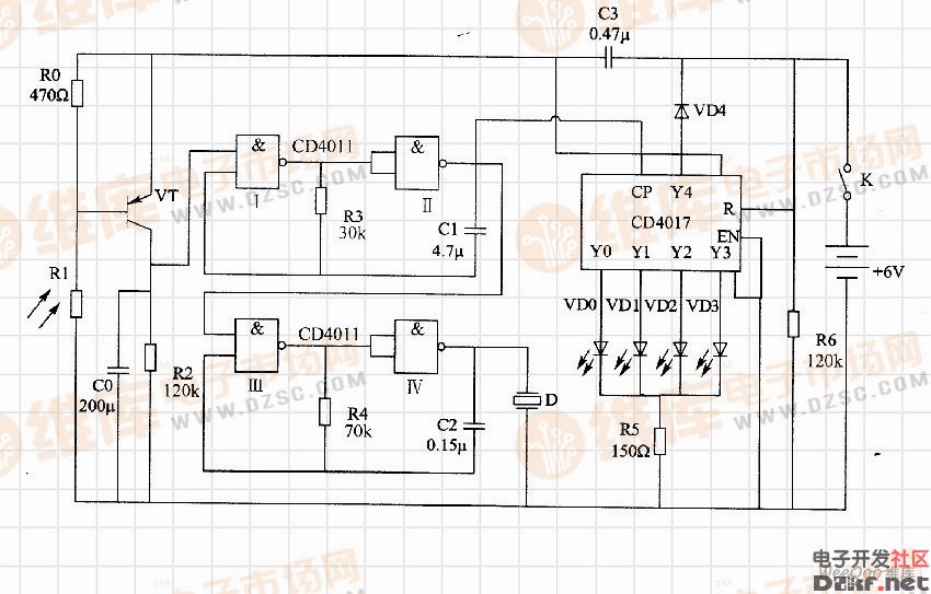 光電靶機電路在電路圖中,cd4011的門i和門ii組成低頻多諧振盪器,門Ⅲ