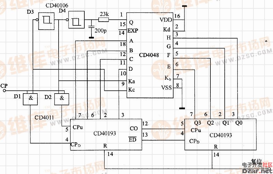 加/减计数器cd40193和四2输入与推门cd4011等组成的可逆计数电路图