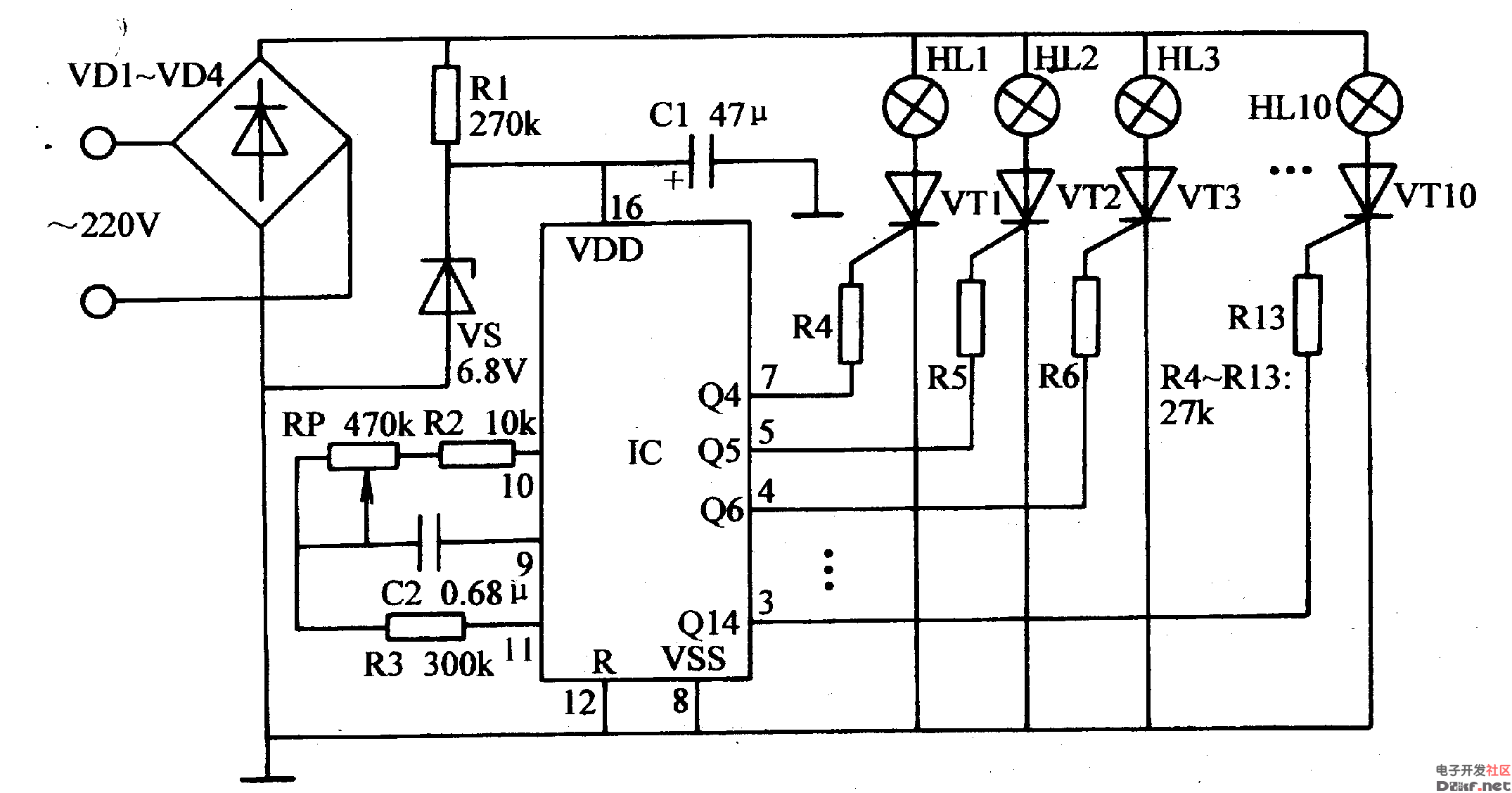 電源電路由整流二極管vdl-vd4,限流電阻器rl,穩壓二極管vs和濾波電容