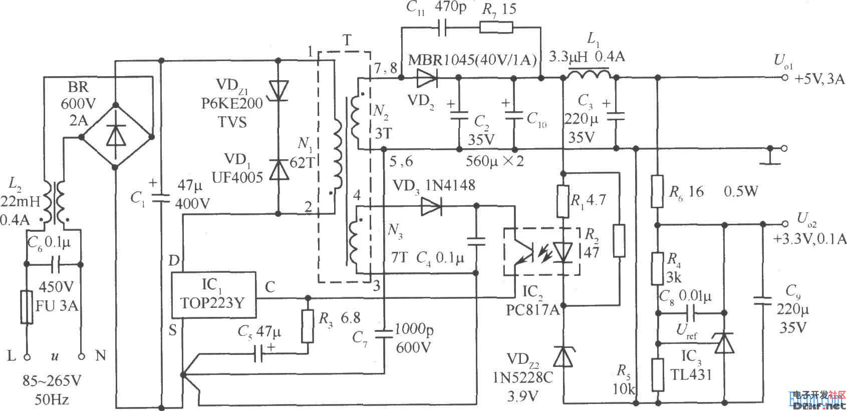 top223y構成的雙路輸出開關穩壓電源電路