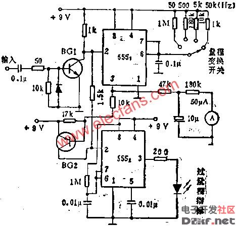 时基集成电路构成有量程开关和过量程报警的频率计电路图 