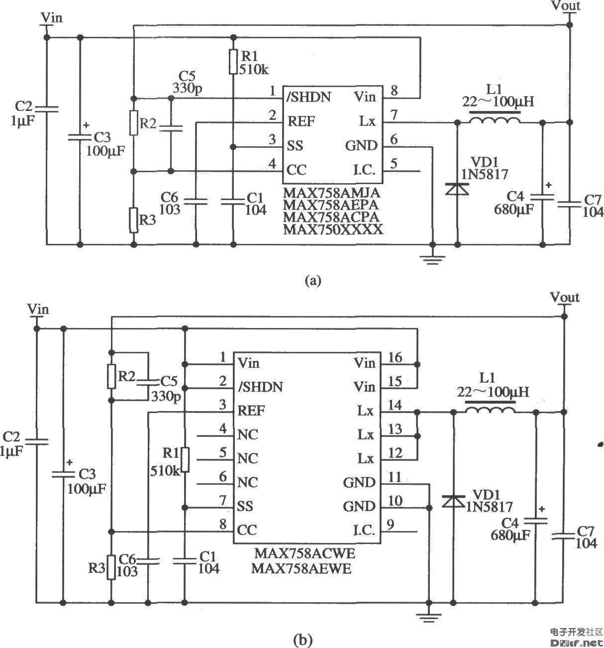 电流型开关集成稳压器MAX750A／MAX758A的典型应用电路