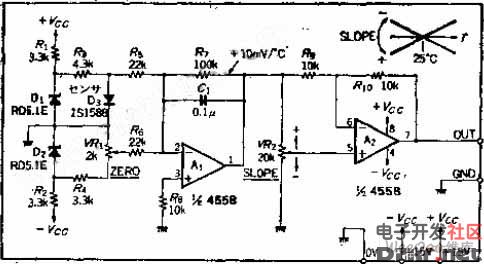 可产生±10MV/℃补偿电压的温度补偿发生电路图