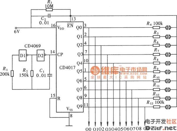 触摸式十挡互锁开关控制器电路(cd4069,cd4017)电路图