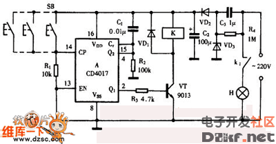 巧用cd4017作多地控制開關電路圖