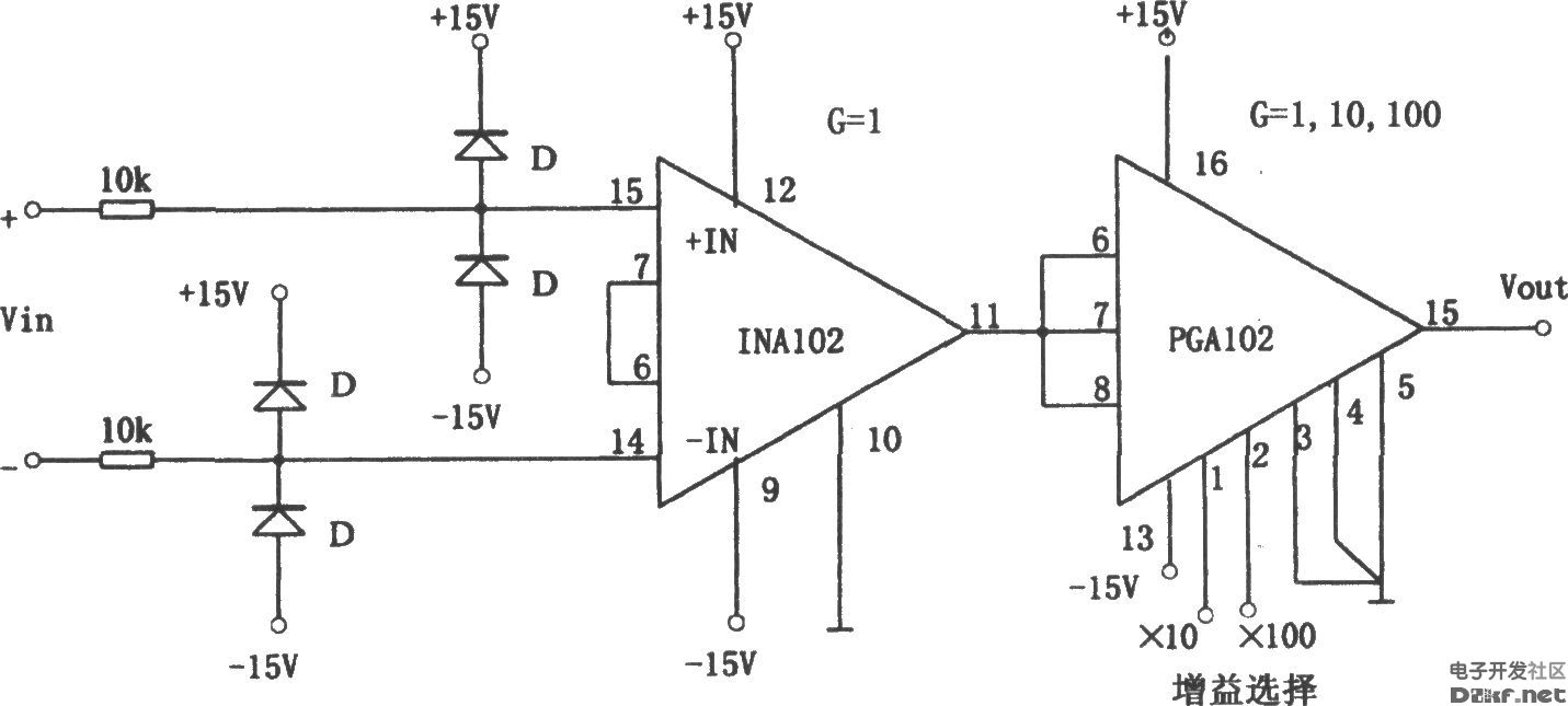 INA102构成的增益可编程仪用放大器