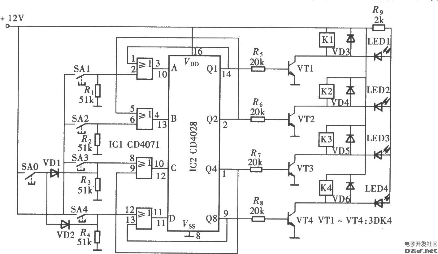 四路互鎖開關電路一cd4028